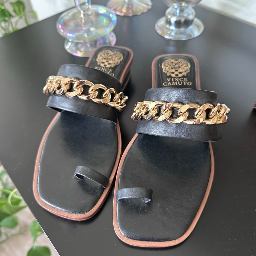 Vince Camuto Black Slides with Gold Chain Accent